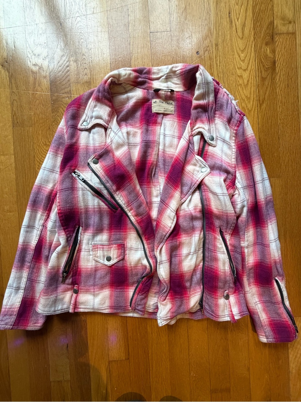 Free People Pink + Red Plaid Moto-Style Jacket - super soft!